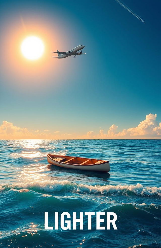 A serene ocean scene depicting a capsized canoe gently bobbing in the waves under a clear blue sky