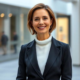 A 45-year-old woman of European Polish descent, dressed elegantly in modern clothing, ideal for video content