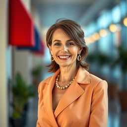 A 45-year-old woman of European Polish descent, dressed elegantly in modern clothing, ideal for video content