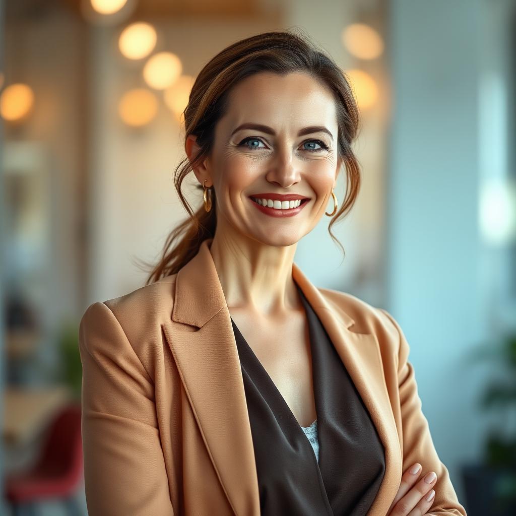 A 45-year-old woman of European Polish descent, dressed elegantly in modern clothing, ideal for video content