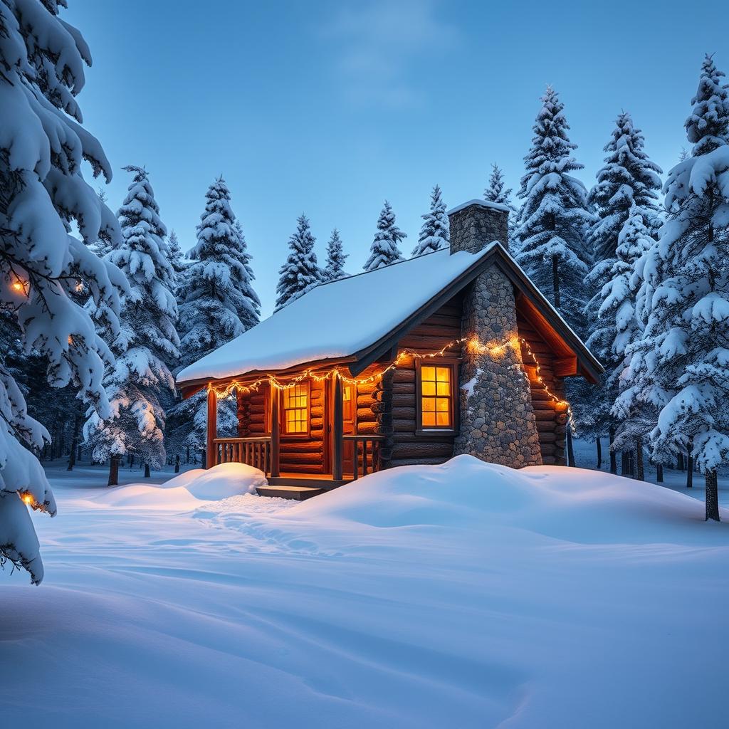 A charming, lonely cabin in a snowy forest during winter, adorned with beautiful fairy lights that twinkle against the white backdrop