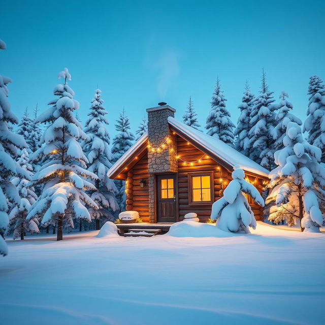 A charming, lonely cabin in a snowy forest during winter, adorned with beautiful fairy lights that twinkle against the white backdrop