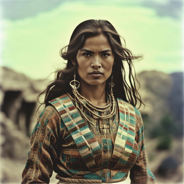 A vintage, high-quality portrait of a Navajo woman in traditional attire, taken in soft, diffused natural light