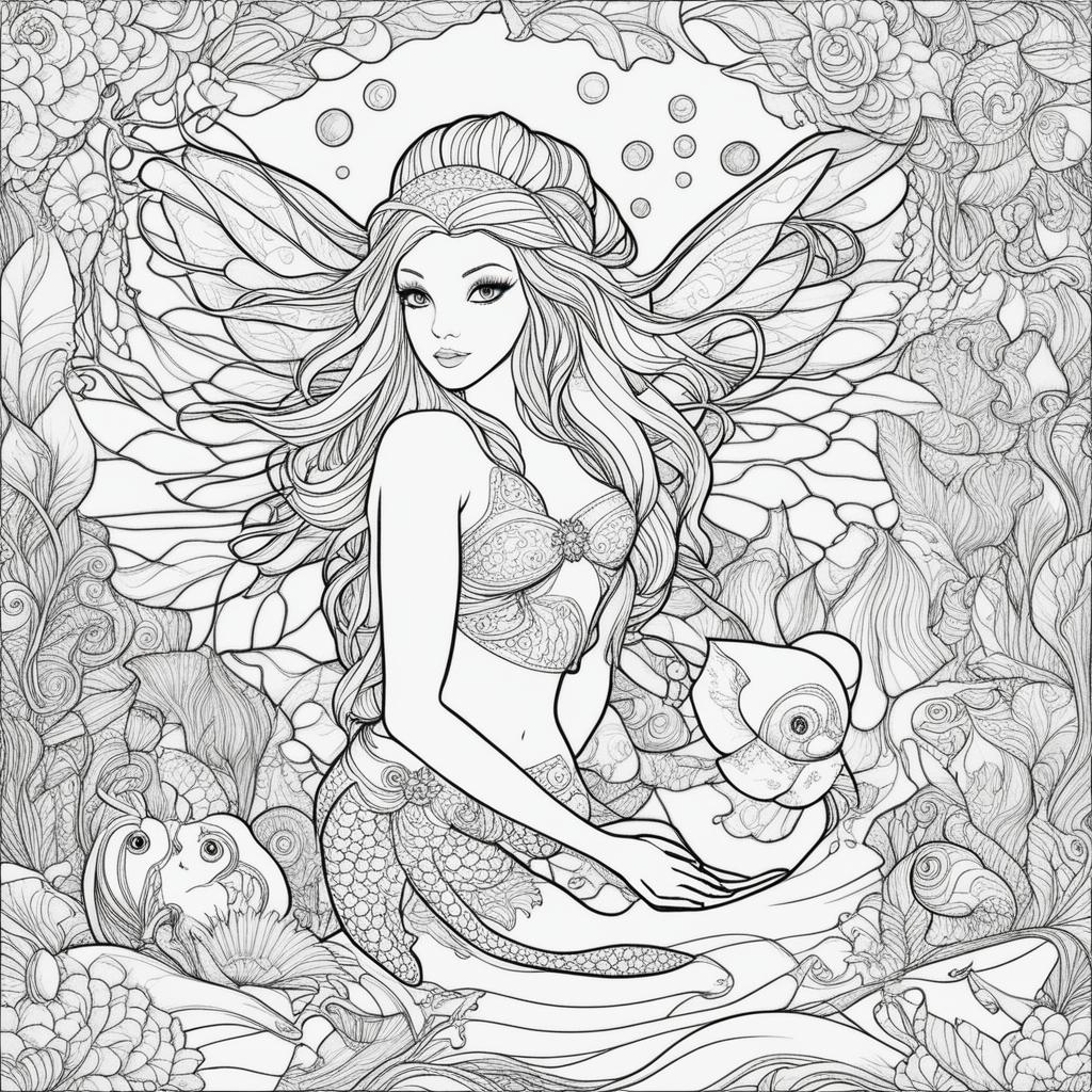 This is a colouring book page featuring a feline fairy-mermaid hybrid swimming in the water