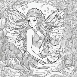 This is a colouring book page featuring a feline fairy-mermaid hybrid swimming in the water