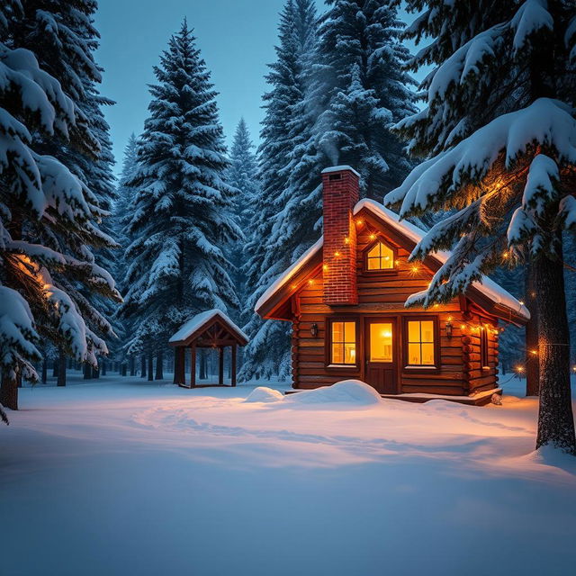 A cozy, lonely cabin nestled in a snowy forest during winter, featuring glowing fairy lights that twinkle beautifully against the backdrop of fresh snow