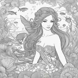 This is a colouring book page featuring a feline fairy-mermaid hybrid swimming in the water