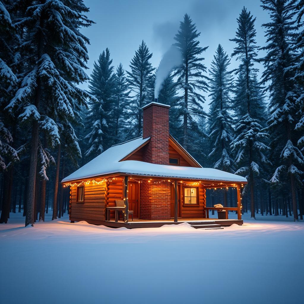 A beautiful, lonely cabin in the Estonian woods during winter, adorned with twinkling fairy lights that enhance the magical atmosphere