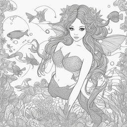 This is a colouring book page featuring a feline fairy-mermaid hybrid swimming in the water