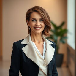 A 45-year-old woman of European Polish descent, elegantly dressed in modern attire suitable for video content