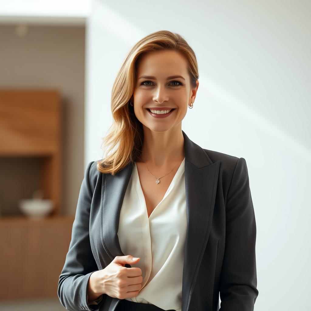 A 45-year-old woman of European Polish descent, elegantly dressed in modern attire suitable for video content