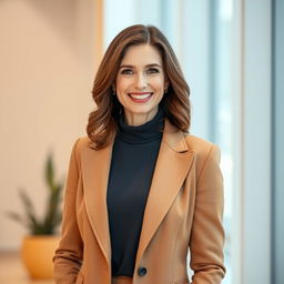 A 45-year-old woman of European Polish descent, elegantly dressed in modern attire suitable for video content