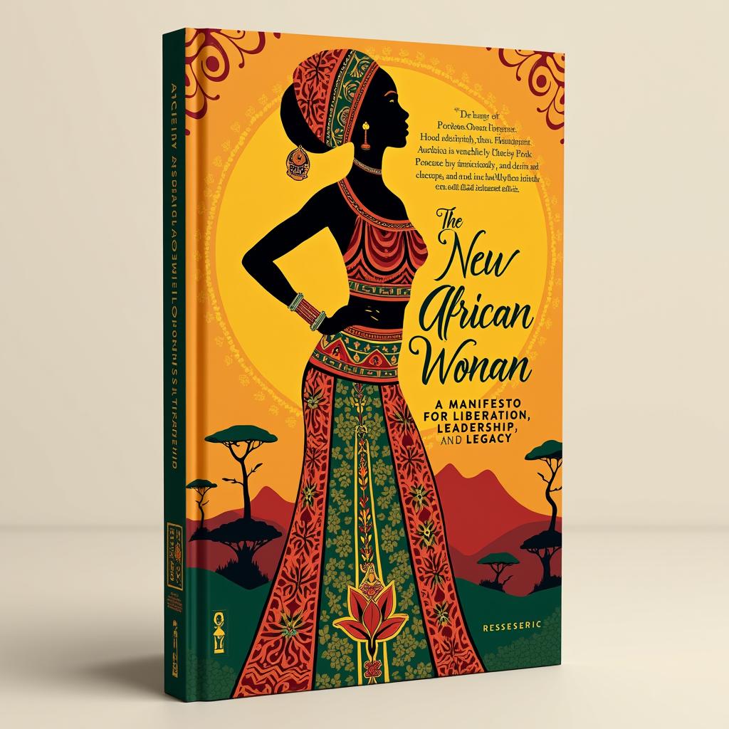A vibrant and colorful book cover design depicting an African woman in a powerful pose, symbolizing strength and resilience