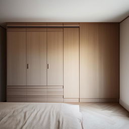 Minimalist styled bedroom with a sleek, modern wardrobe. The color palette should be soothing, with natural materials and plenty of light.