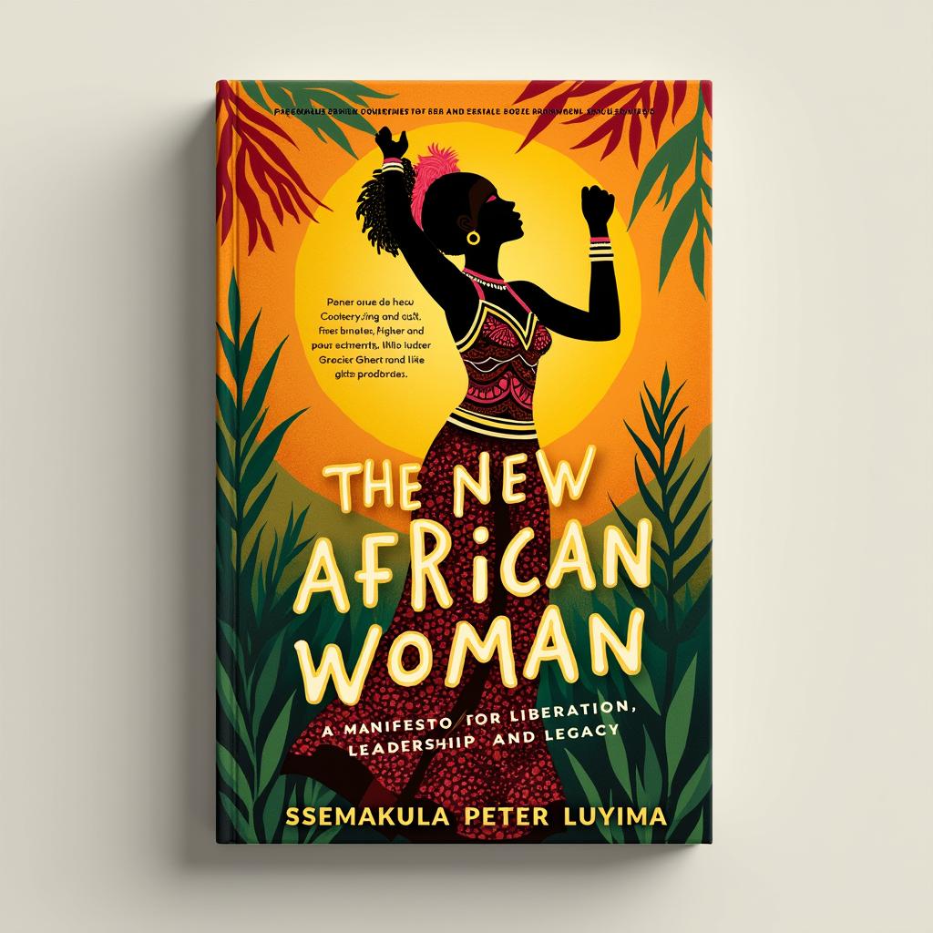 A vibrant and colorful book cover design depicting an African woman in a powerful and uplifting pose, embodying strength and empowerment