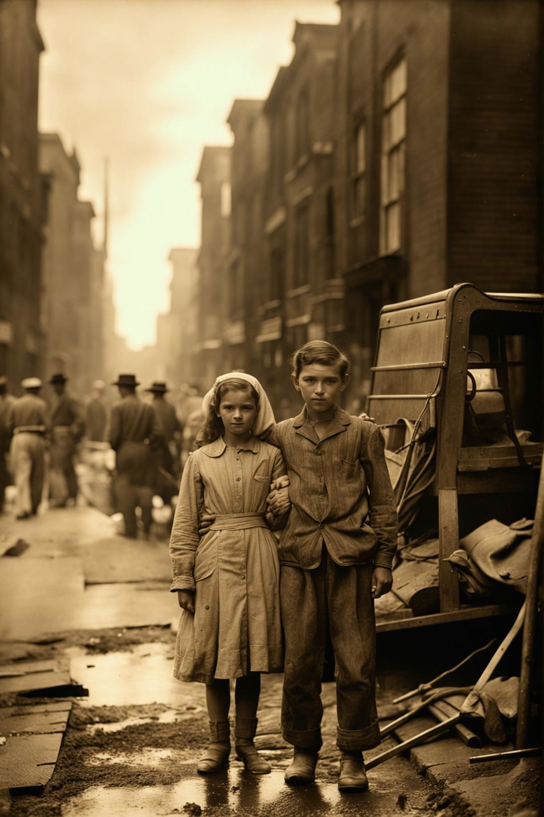 This is a vintage, sepia-toned photograph that captures the atmosphere of the Great Depression era