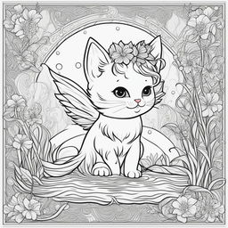 This is a colouring book page featuring an enchanting scene of a kitty fairy with a unicorn horn, swimming in the water