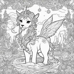 This is a colouring book page featuring an enchanting scene of a kitty fairy with a unicorn horn, swimming in the water