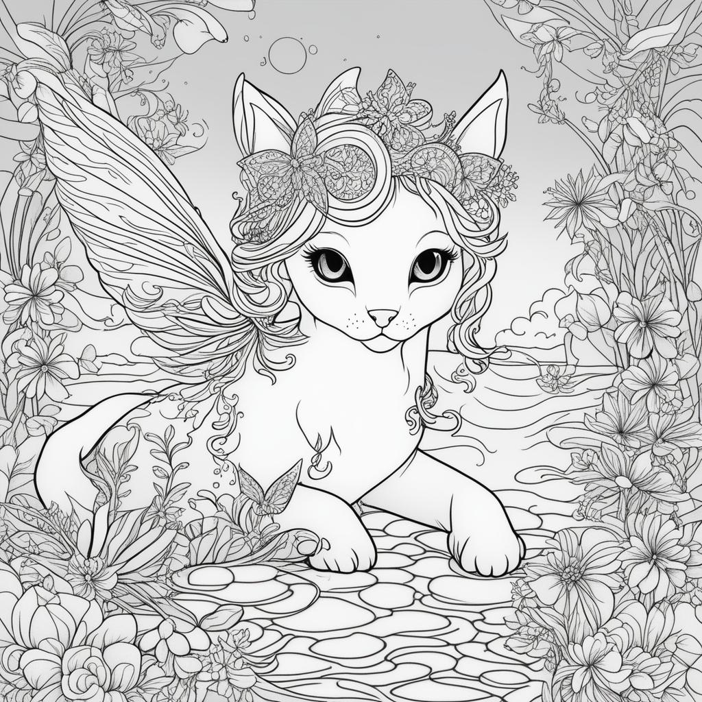 This is a colouring book page featuring an enchanting scene of a kitty fairy with a unicorn horn, swimming in the water