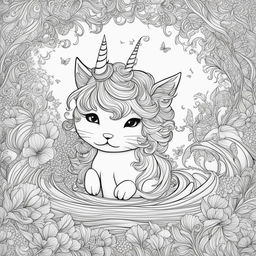 This is a colouring book page featuring an enchanting scene of a kitty fairy with a unicorn horn, swimming in the water