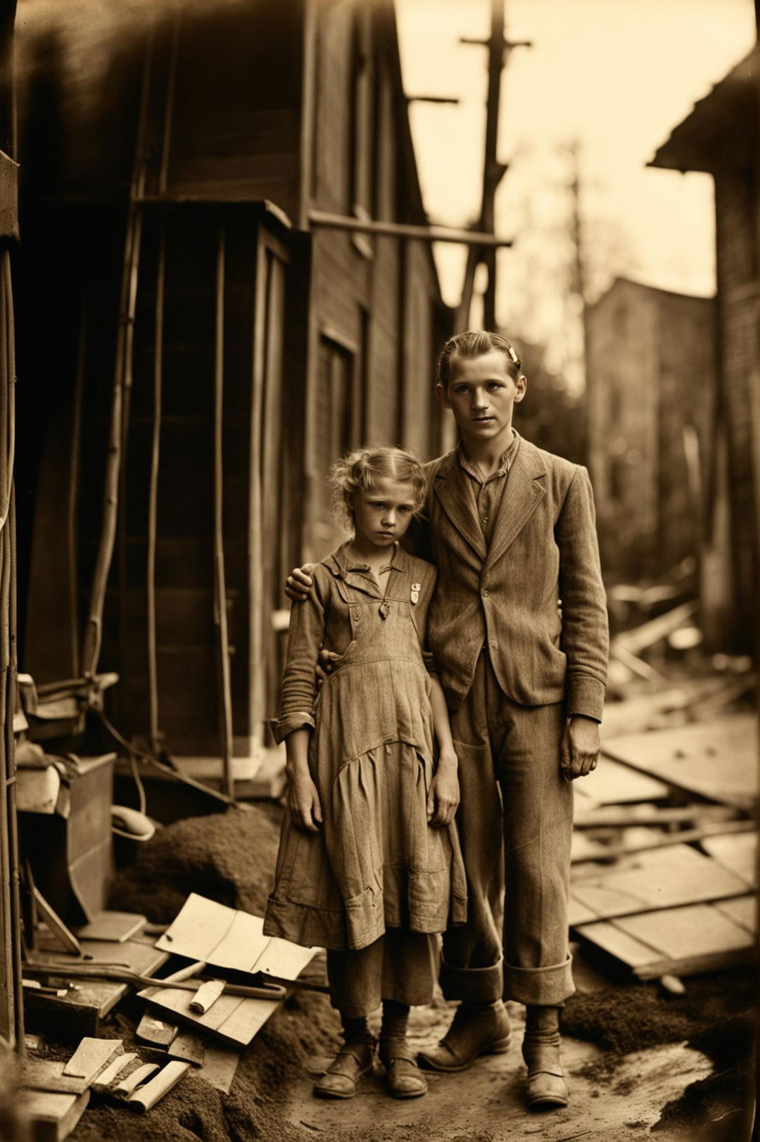 This is a high-quality, sepia-toned vintage photograph that depicts life during the Great Depression