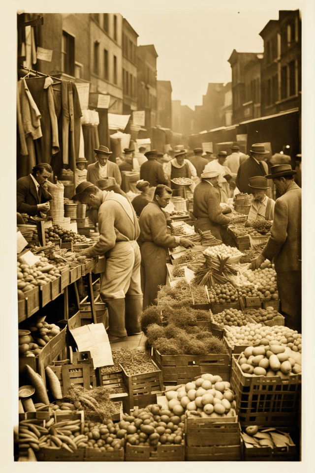 A sepia-toned vintage photograph depicting a market scene during the Great Depression