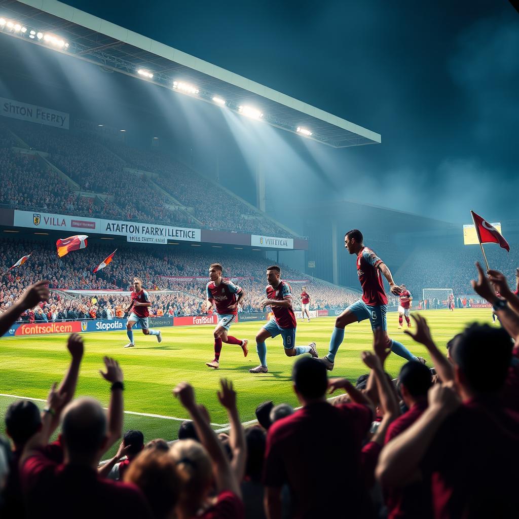 A vibrant scene depicting the Aston Villa football team in action during a match at Villa Park, showcasing the players in their iconic claret and blue jerseys, against a backdrop of cheering fans waving flags and banners