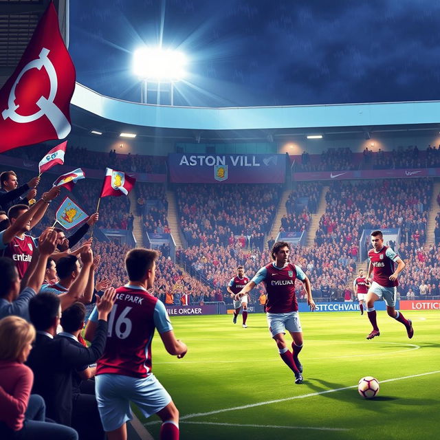 A vibrant scene depicting the Aston Villa football team in action during a match at Villa Park, showcasing the players in their iconic claret and blue jerseys, against a backdrop of cheering fans waving flags and banners