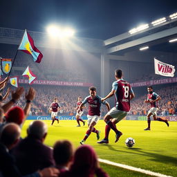 A vibrant scene depicting the Aston Villa football team in action during a match at Villa Park, showcasing the players in their iconic claret and blue jerseys, against a backdrop of cheering fans waving flags and banners