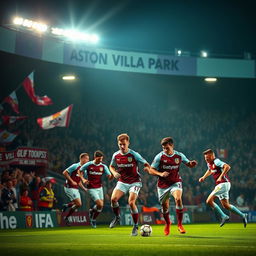 A vibrant scene depicting the Aston Villa football team in action during a match at Villa Park, showcasing the players in their iconic claret and blue jerseys, against a backdrop of cheering fans waving flags and banners