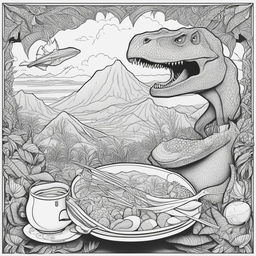 This is a colouring book page featuring a T-Rex ripping a page to reveal a Hawaiian landscape, a curry dish on the ground, and a pterodactyl flying eastward