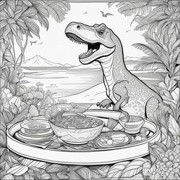 This is a colouring book page featuring a T-Rex ripping a page to reveal a Hawaiian landscape, a curry dish on the ground, and a pterodactyl flying eastward