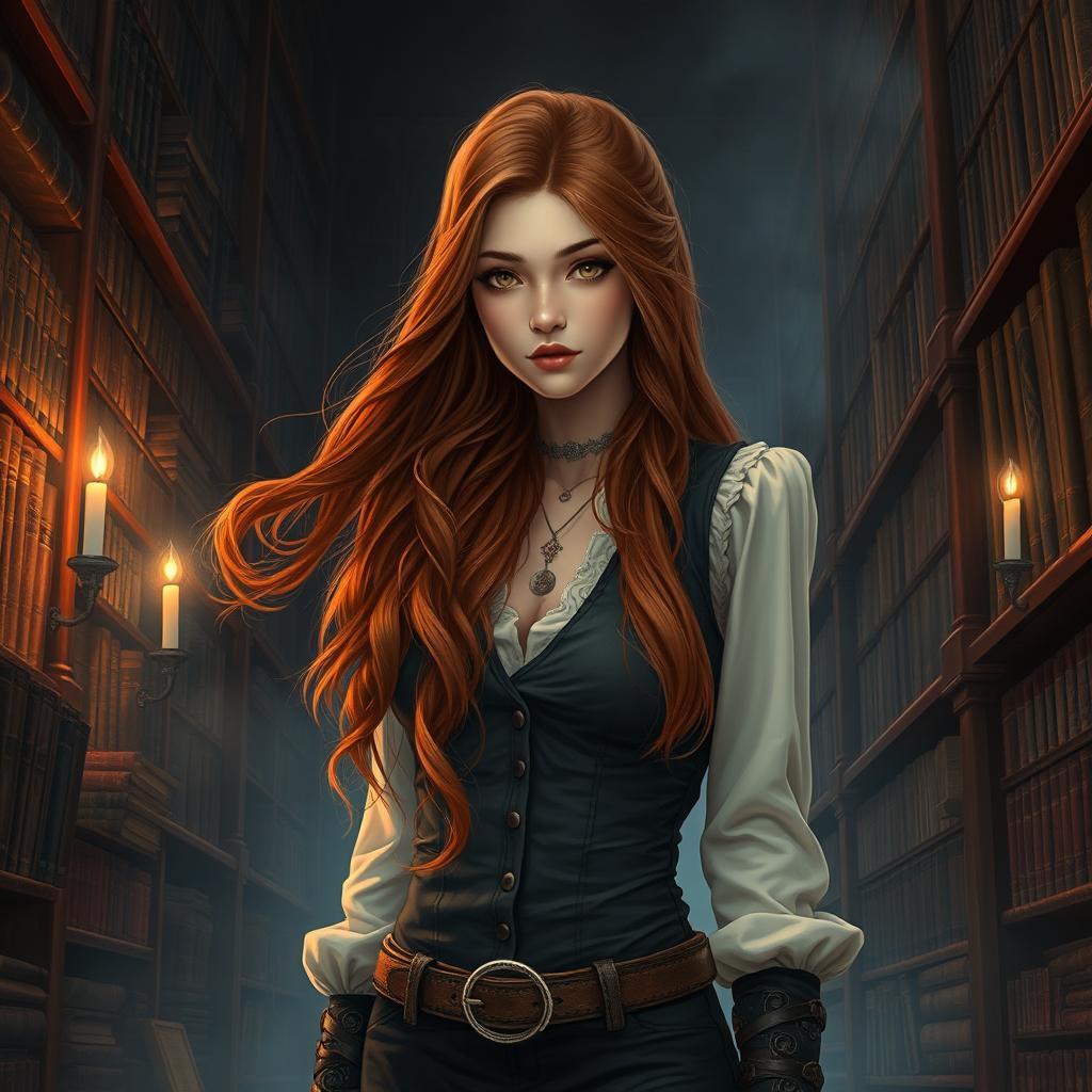 A young adult dark academia urban fantasy scene featuring a captivating protagonist with long, flowing auburn hair