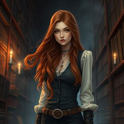 A young adult dark academia urban fantasy scene featuring a captivating protagonist with long, flowing auburn hair