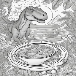 This is a colouring book page featuring a T-Rex ripping a page to reveal a Hawaiian landscape, a curry dish on the ground, and a pterodactyl flying eastward