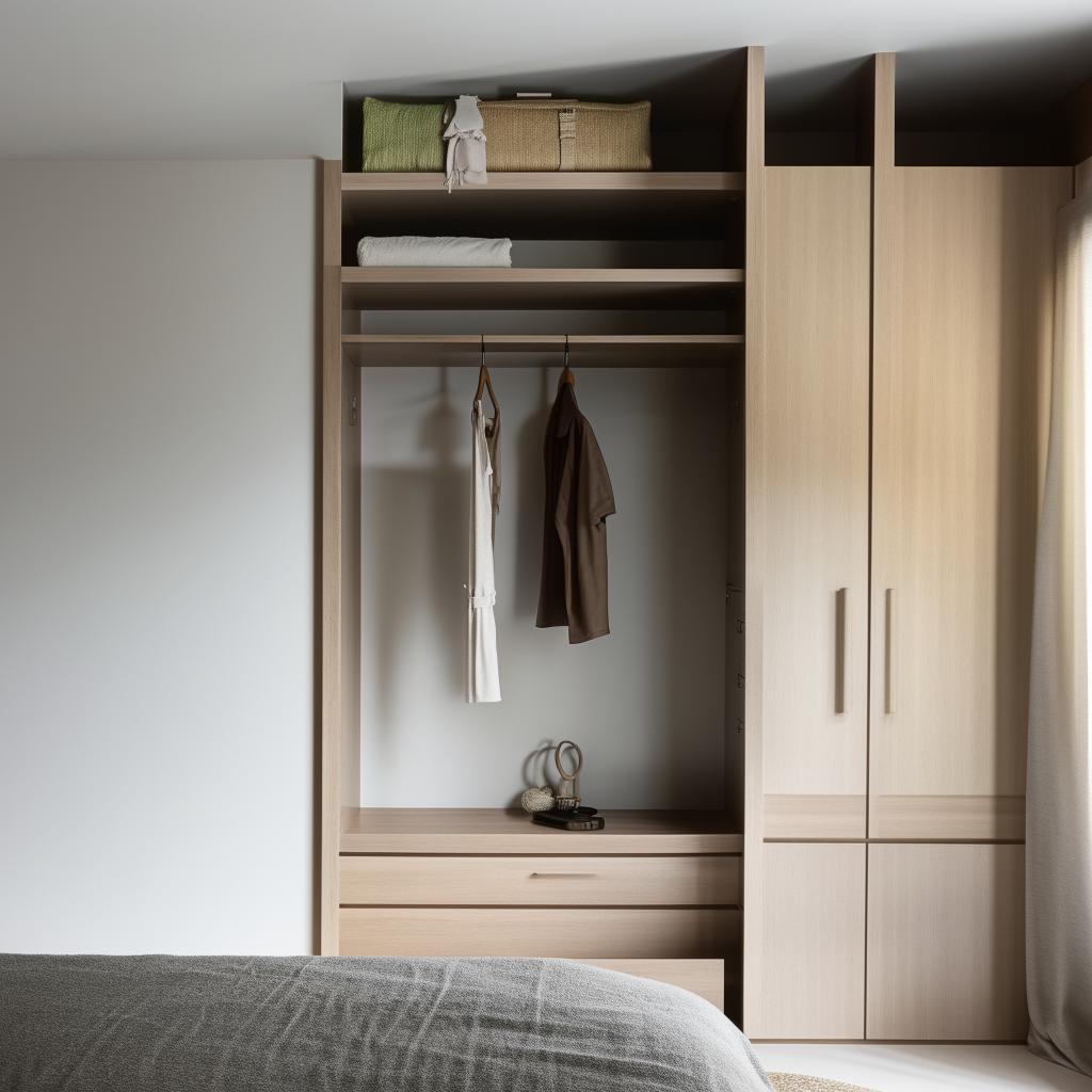 Minimalist styled bedroom with a sleek, modern wardrobe. The color palette should be soothing, with natural materials and plenty of light.