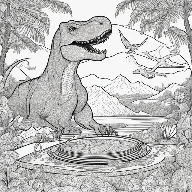 This is a colouring book page featuring a T-Rex ripping a page to reveal a Hawaiian landscape, a curry dish on the ground, and a pterodactyl flying eastward