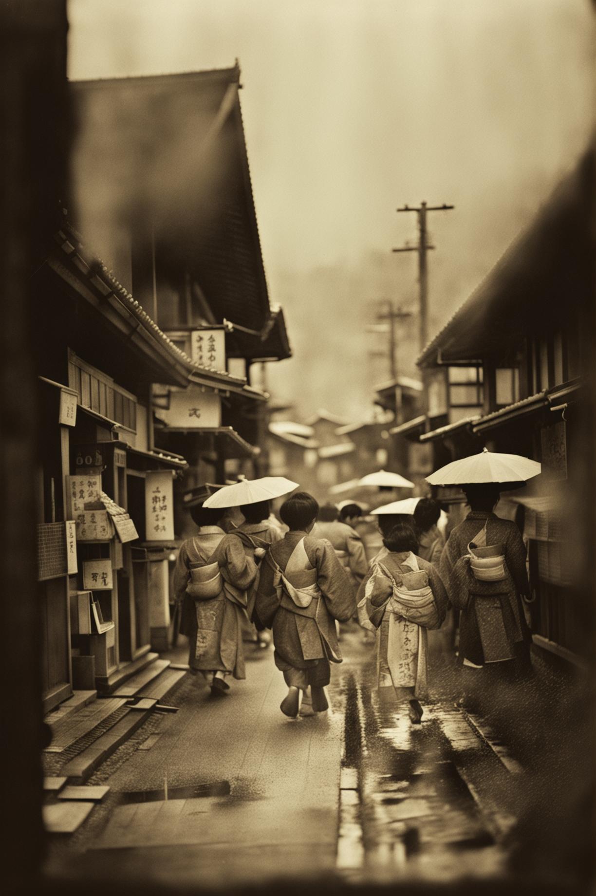 A high-quality, vintage photograph set in Japan, characterized by its sepia tone, soft natural light, and raw, unfiltered style