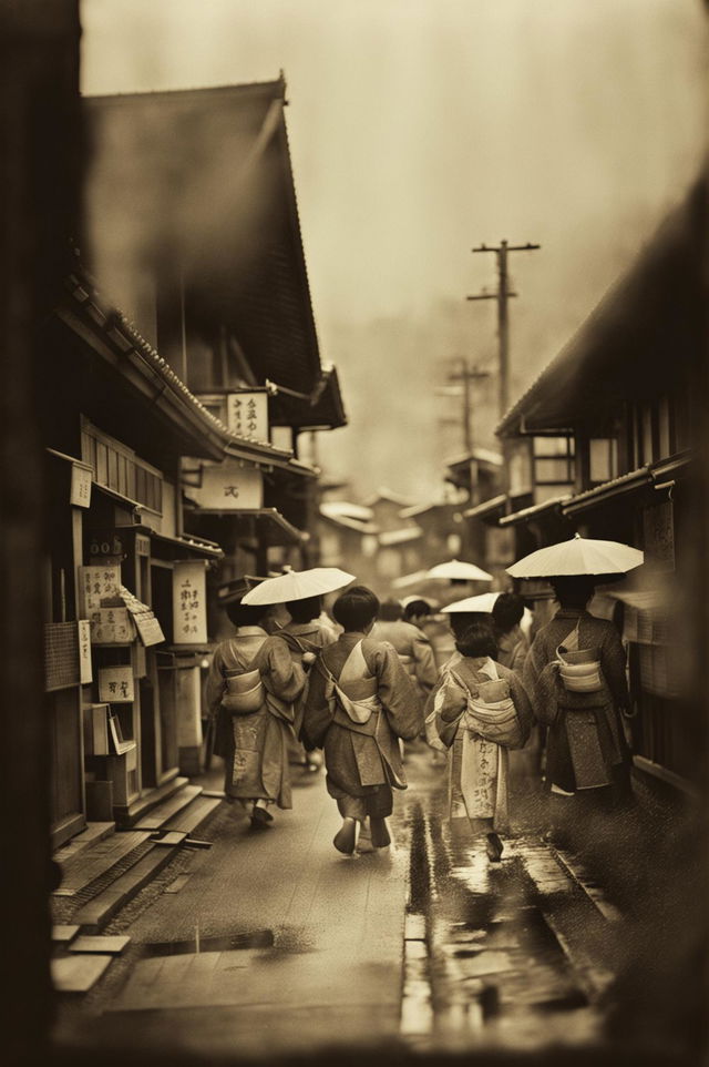 A high-quality, vintage photograph set in Japan, characterized by its sepia tone, soft natural light, and raw, unfiltered style