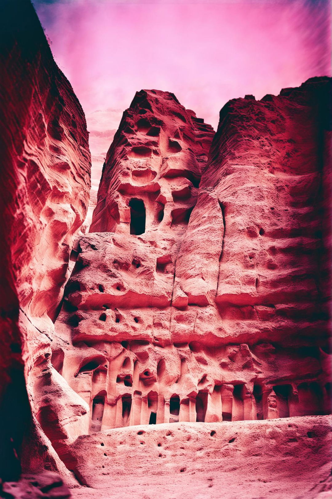 A high-resolution, sepia-toned photograph of the historical city of Petra, captured in a vintage photojournalism style