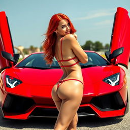 A gorgeous woman with radiant red hair is playfully posing in a trendy thong bikini, turning her nice figure towards the camera with a flirtatious glance