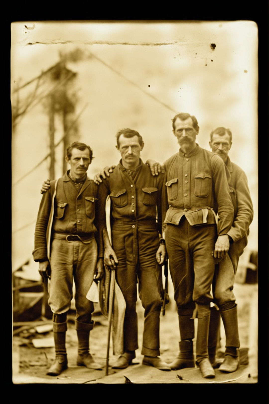 This is a vintage, sepia-toned photograph of early settlers