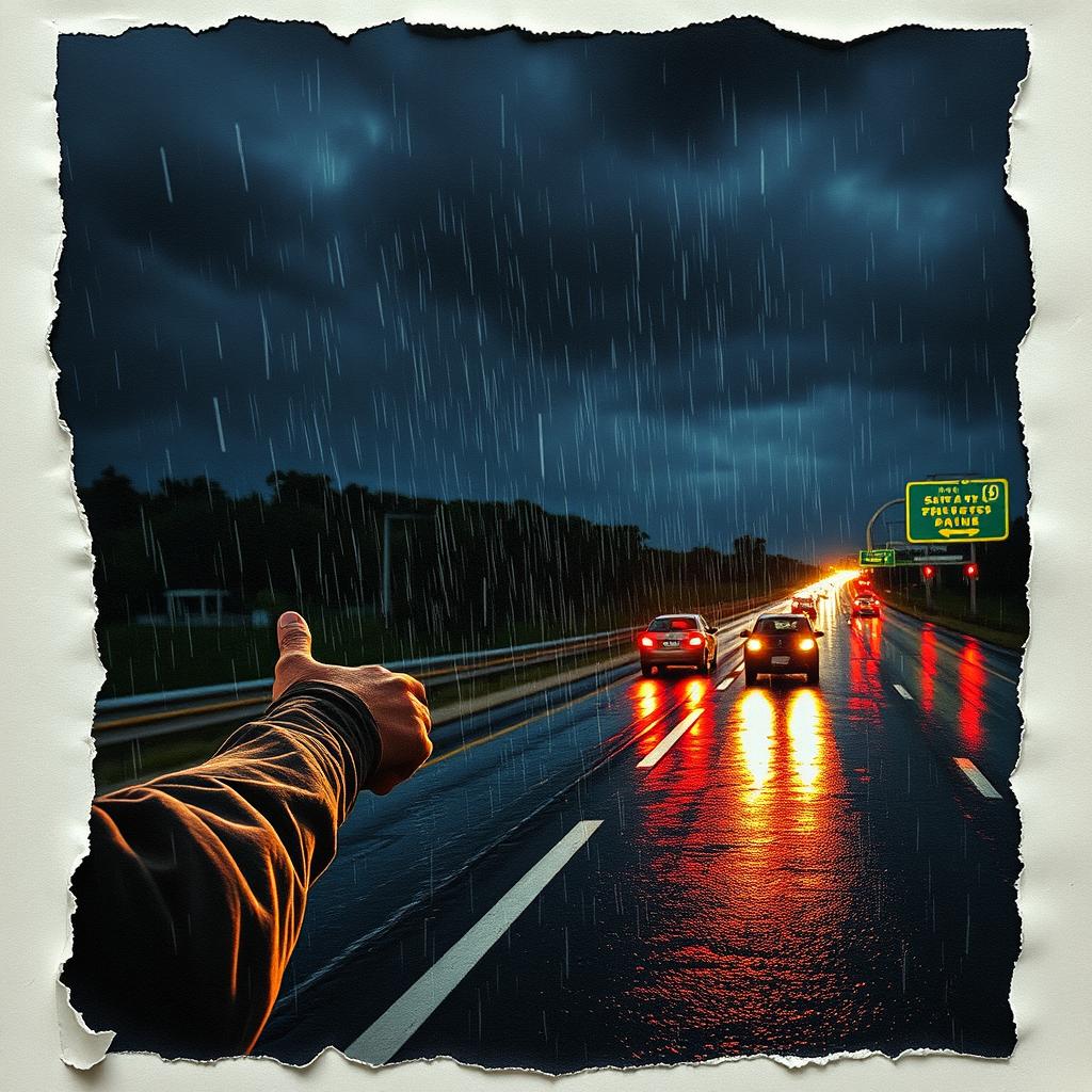 A dynamic collage featuring a nighttime highway drenched in rain, showcasing a gritty and textured aesthetic