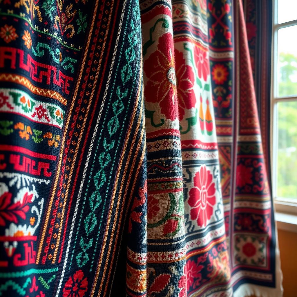 A visually stunning display of traditional Estonian fabric showcasing intricate patterns and vibrant colors