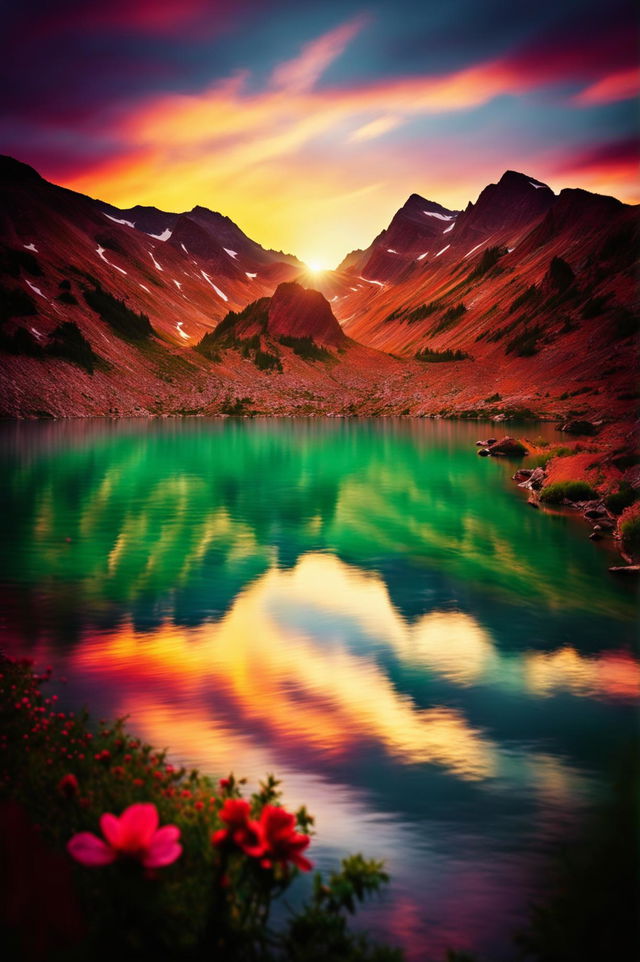 A high-definition, wide shot landscape photograph of a pristine mountain lake at sunset