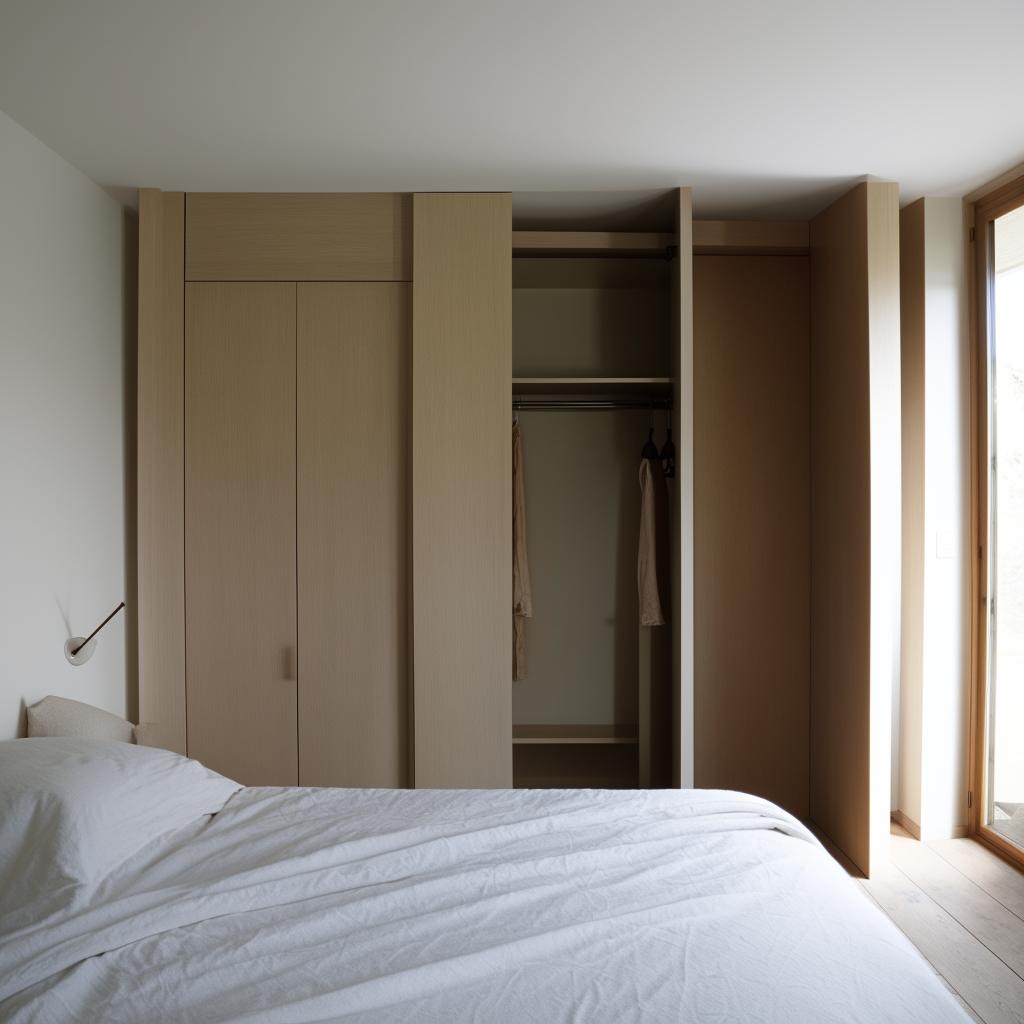 Minimalist styled bedroom with a sleek, modern wardrobe. The color palette should be soothing, with natural materials and plenty of light.