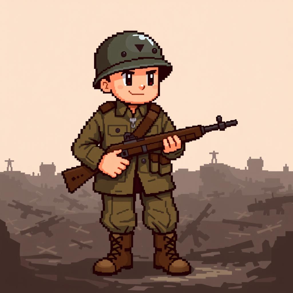A pixel art representation of a World War II soldier, depicted in a 64x64 pixel format