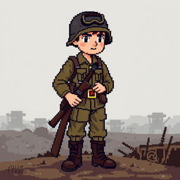 A pixel art representation of a World War II soldier, depicted in a 64x64 pixel format