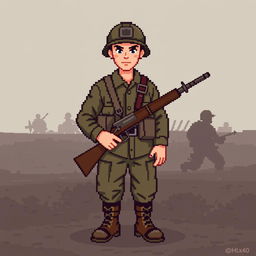 A pixel art representation of a World War II soldier, depicted in a 64x64 pixel format