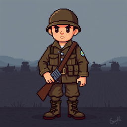 A pixel art representation of a World War II soldier, depicted in a 64x64 pixel format